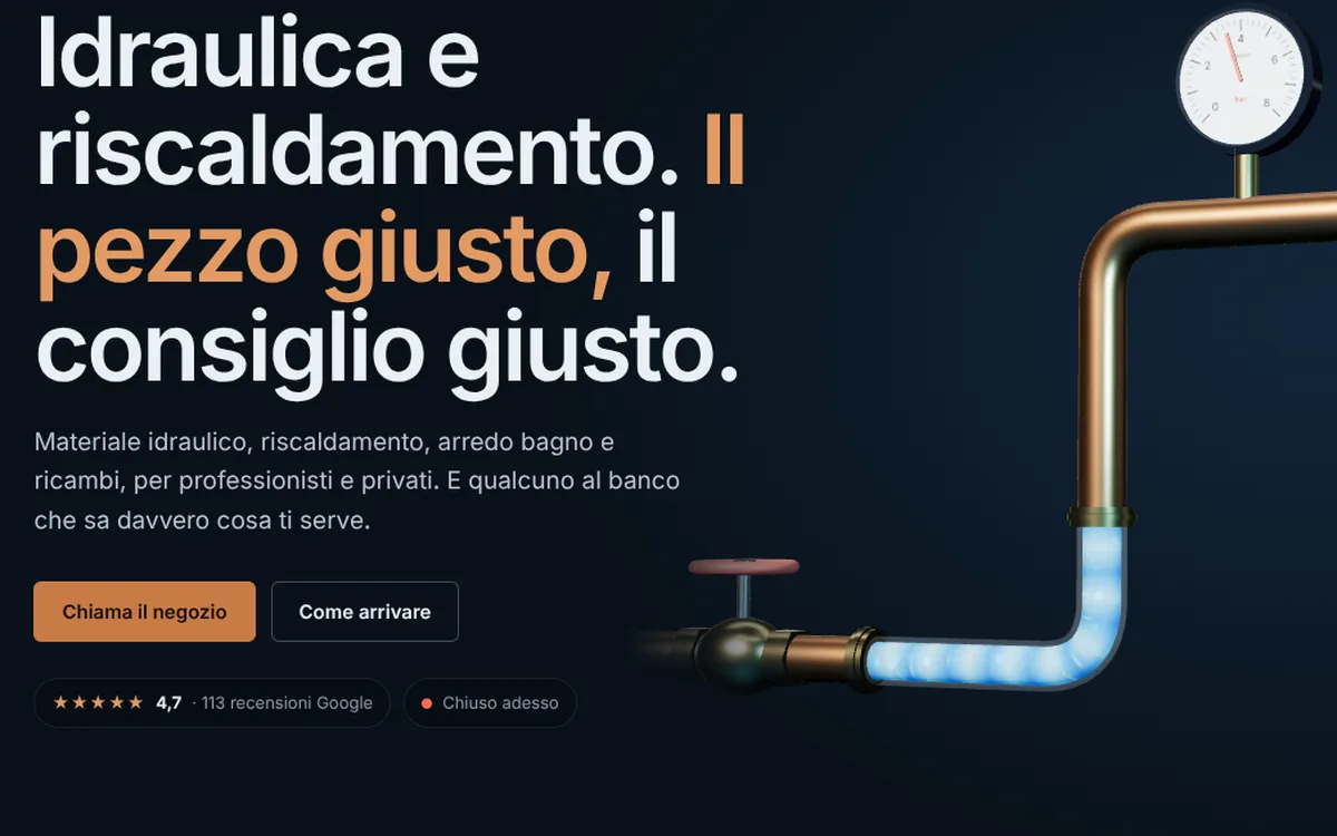 Bozza di sito per un negozio di idraulica e riscaldamento, con tubature in 3D